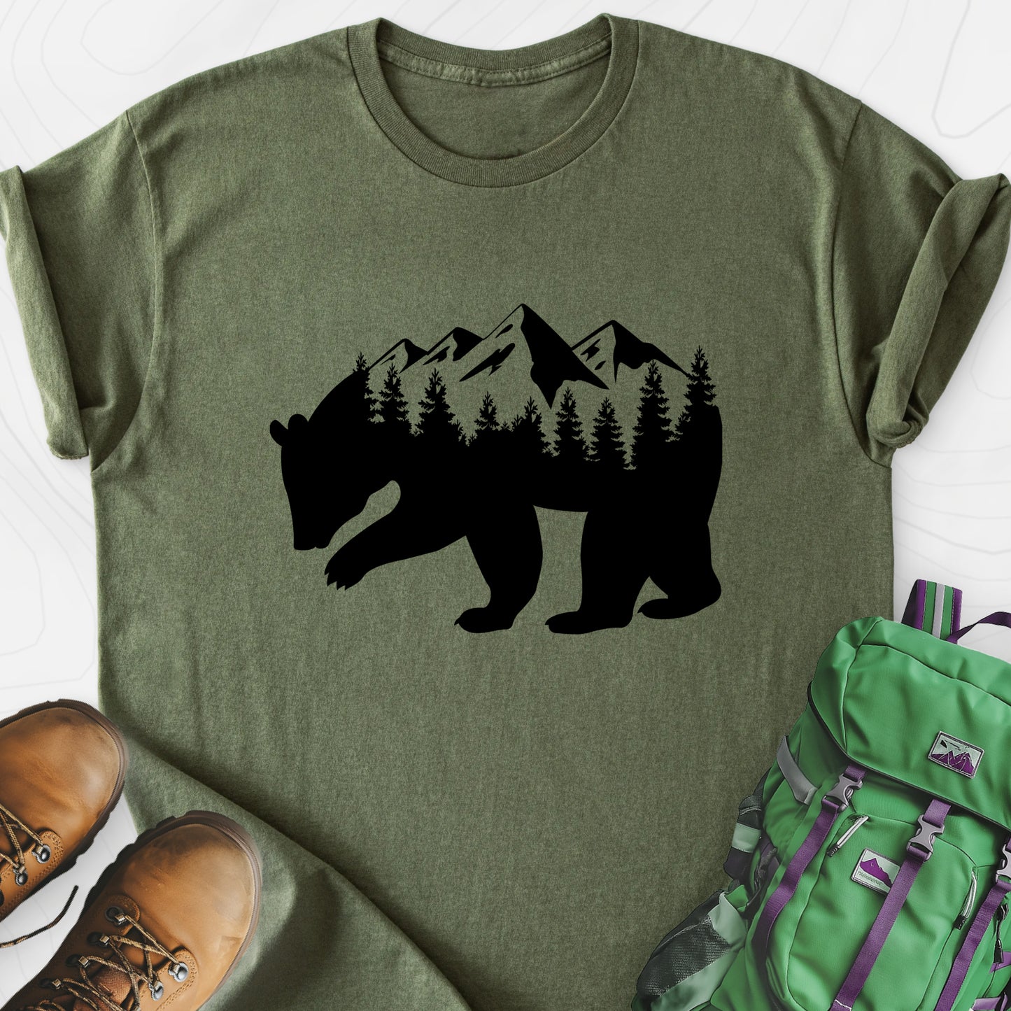 Mountain Bear Military Green front print lightweight T-shirt