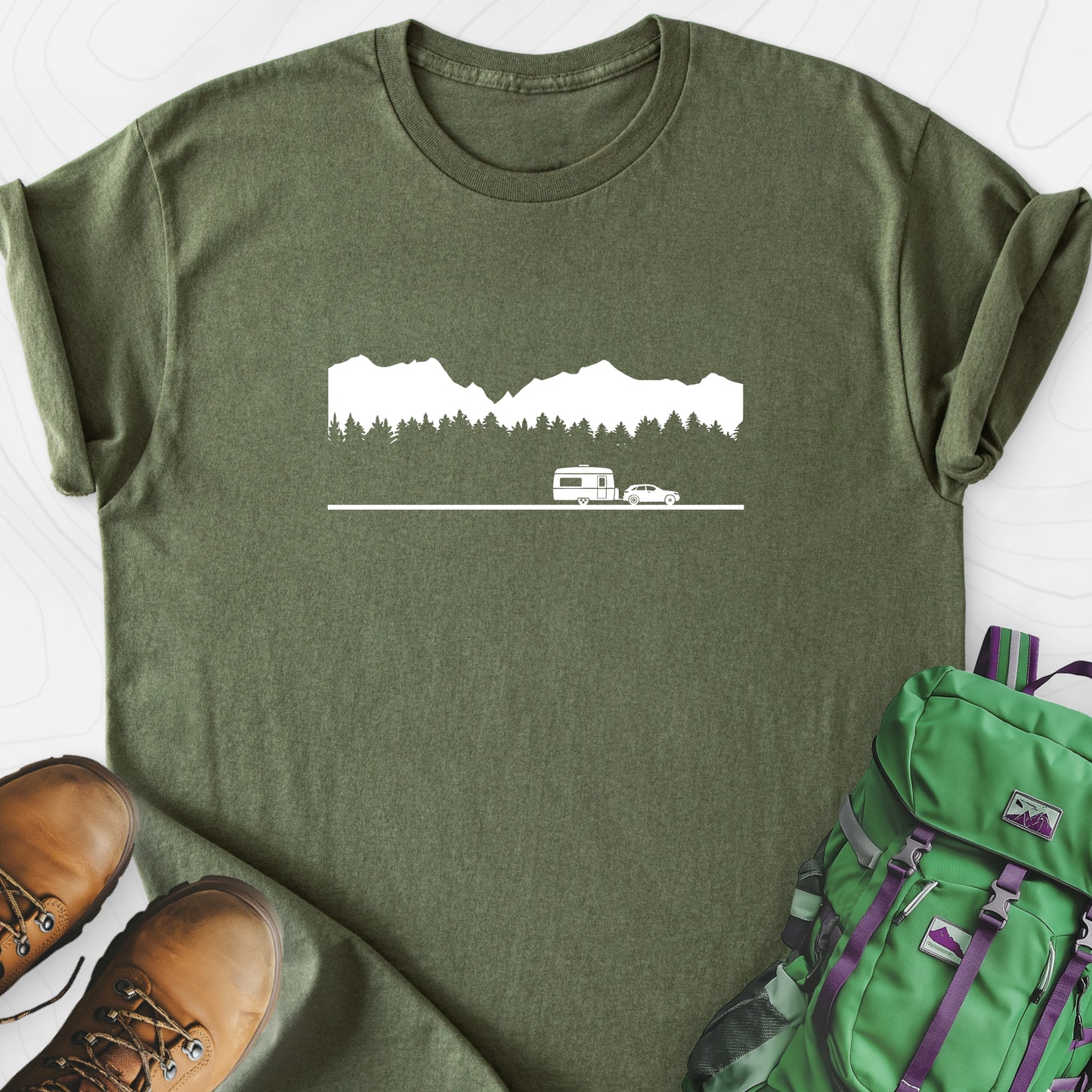 Trailer in the Mountains Military Green front print lightweight T-shirt