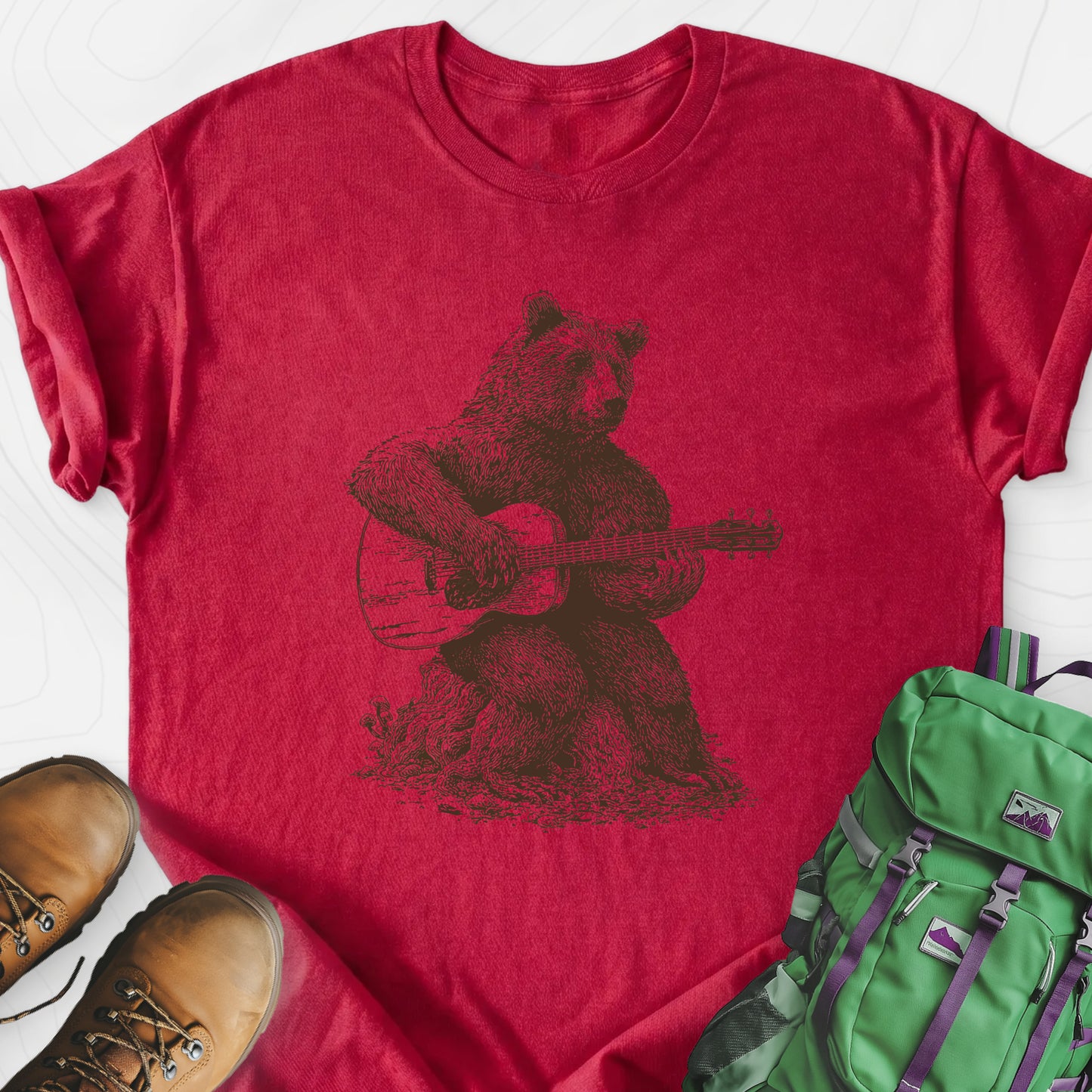 Bear Guitar Heather Red front print lightweight T-shirt