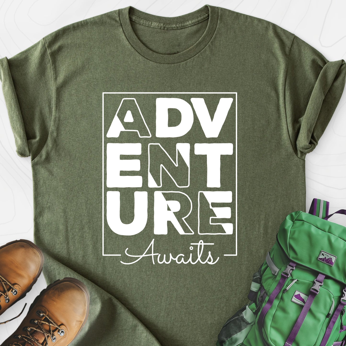Adventure Awaits Military Green front print lightweight T-shirt