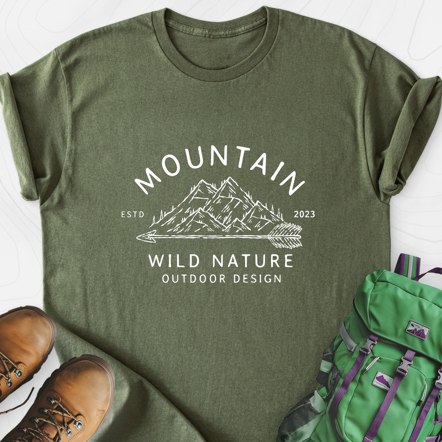 Mountain Wild Nature Military Green front print lightweight T-shirt
