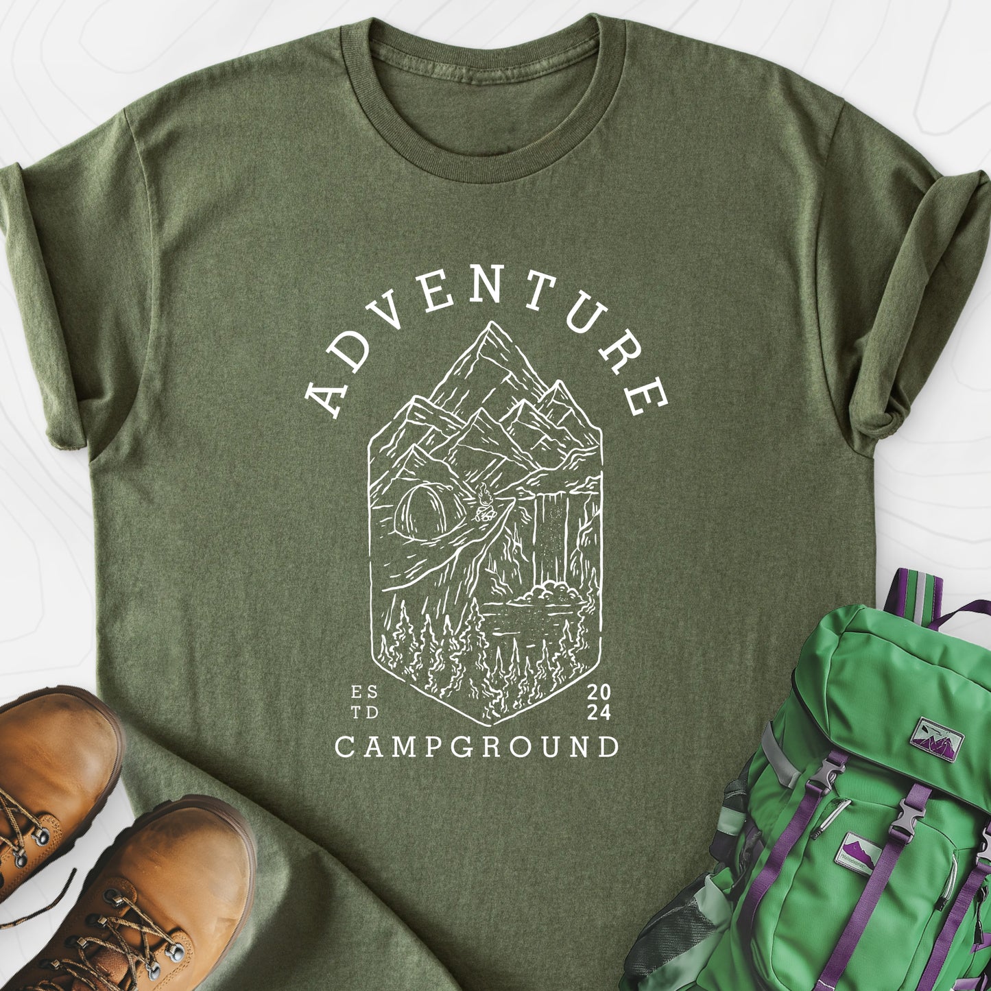 Adventure Campground Military Green front print lightweight T-shirt