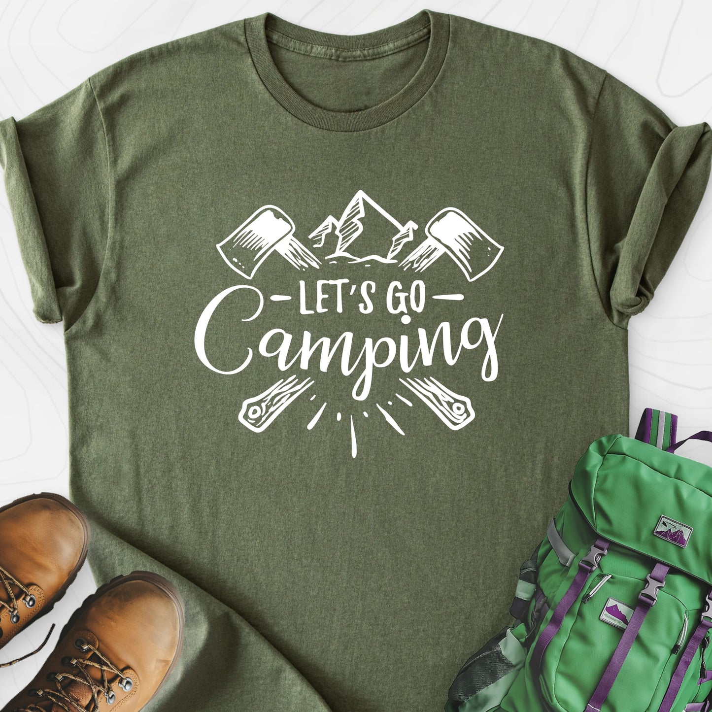 Let's Go Camping Military Green front print lightweight T-shirt