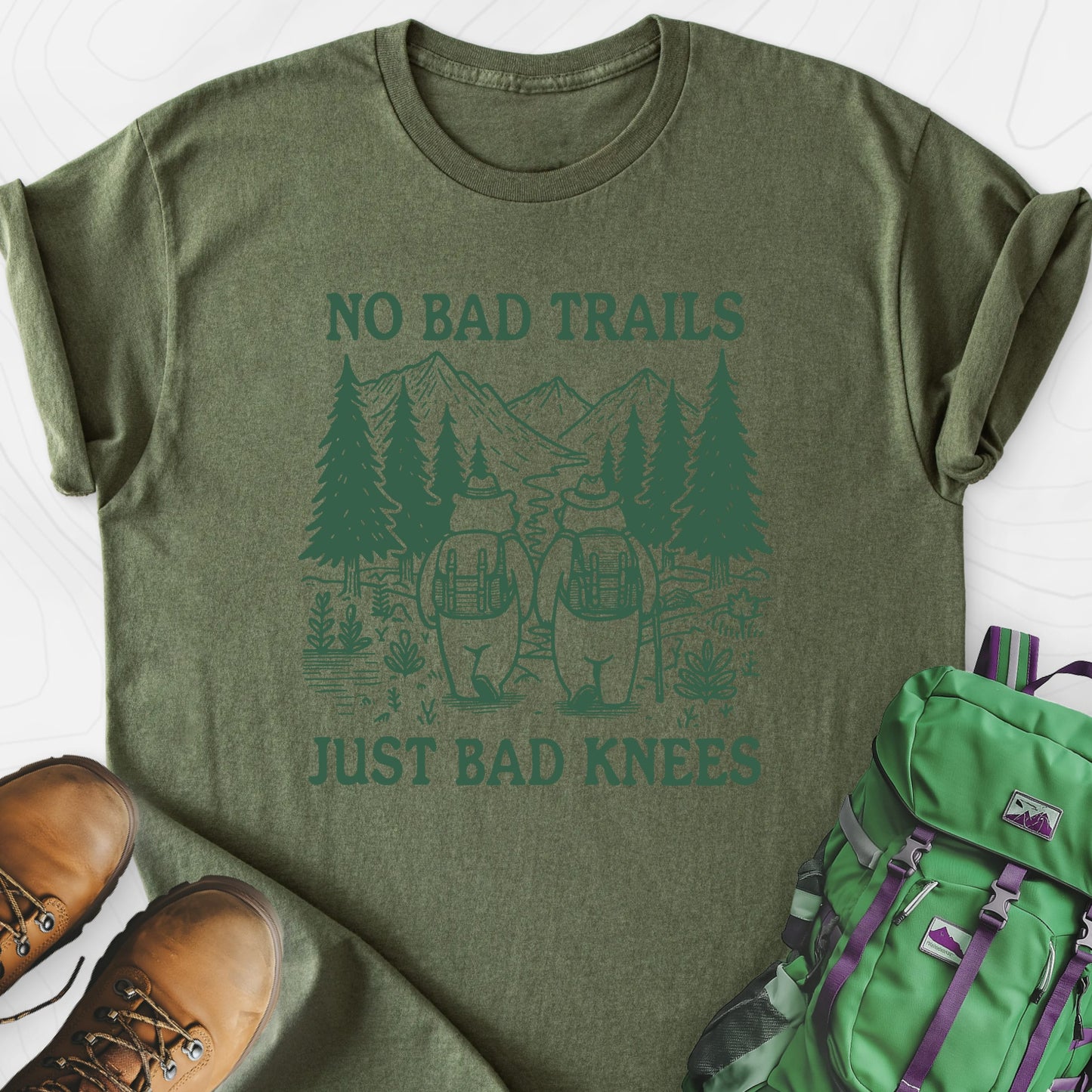 No Bad Trails Military Green front print lightweight T-shirt
