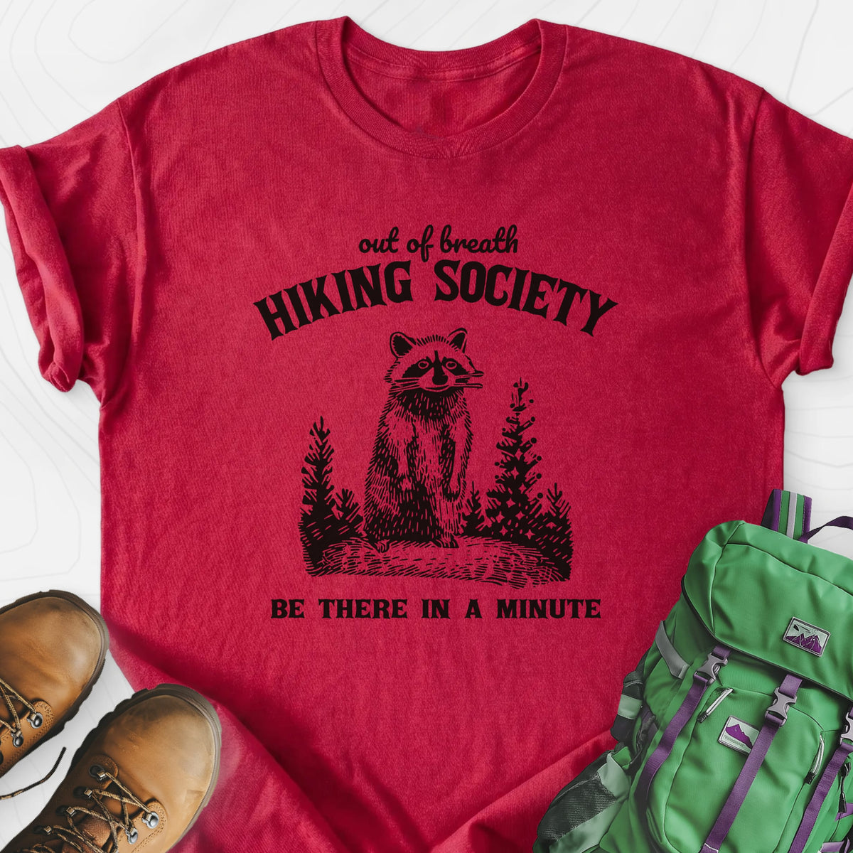 Out Of Breath Hiking Society Heather Red front print lightweight T-shirt
