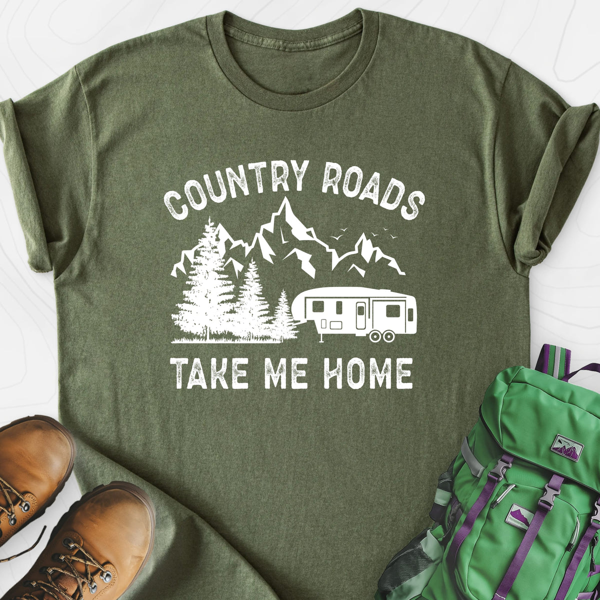 Country Road, Take Me Home Military Green front print lightweight T-shirt