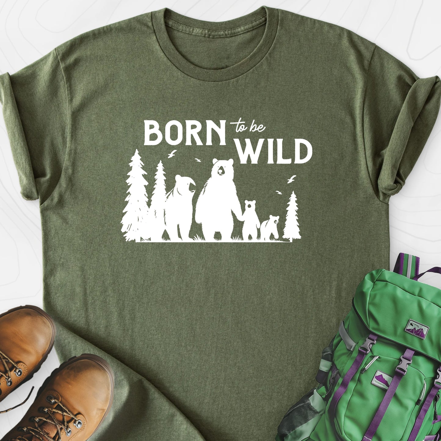 Born To Be Wild Bears Military Green front print lightweight T-shirt