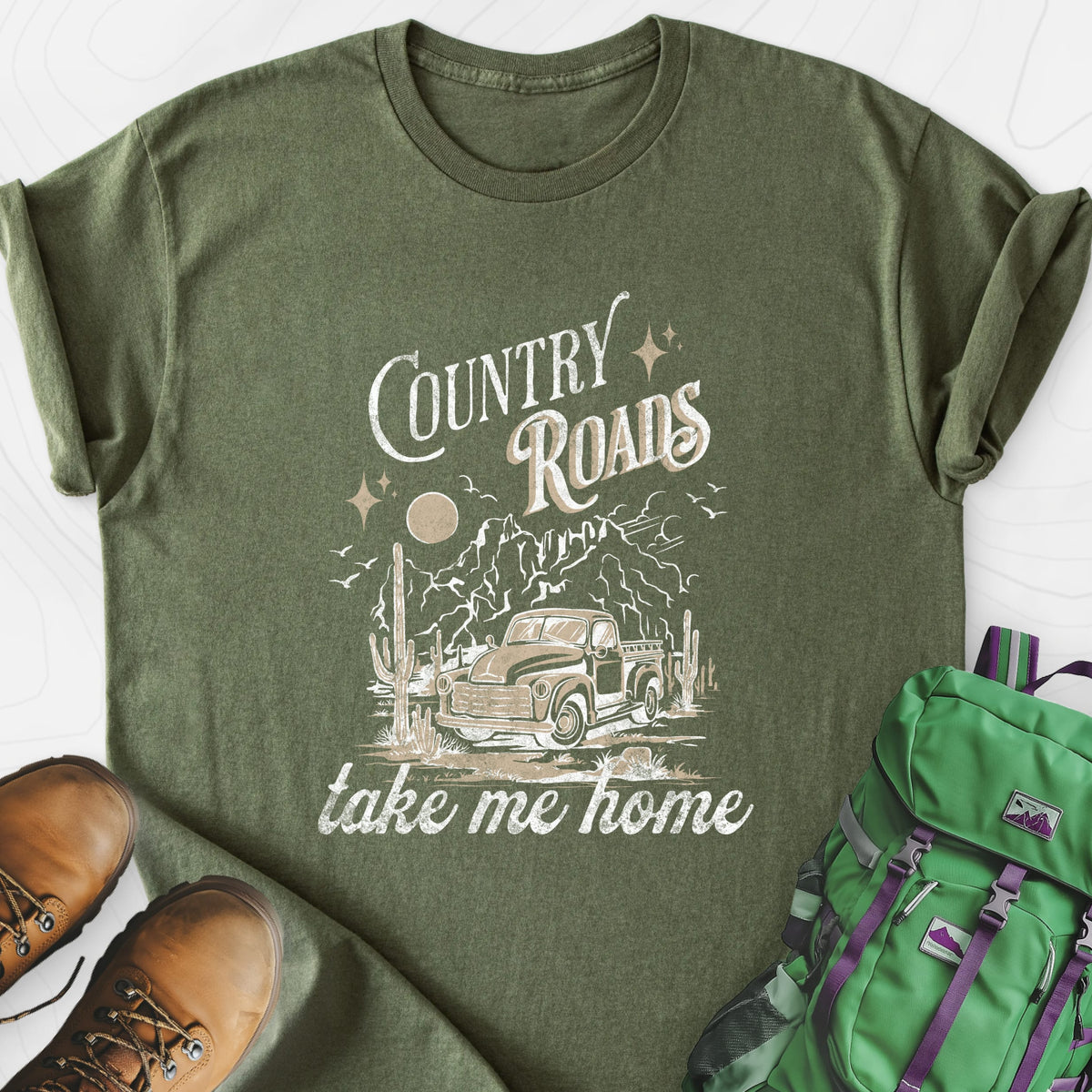 Country Roads Military Green front print lightweight T-shirt