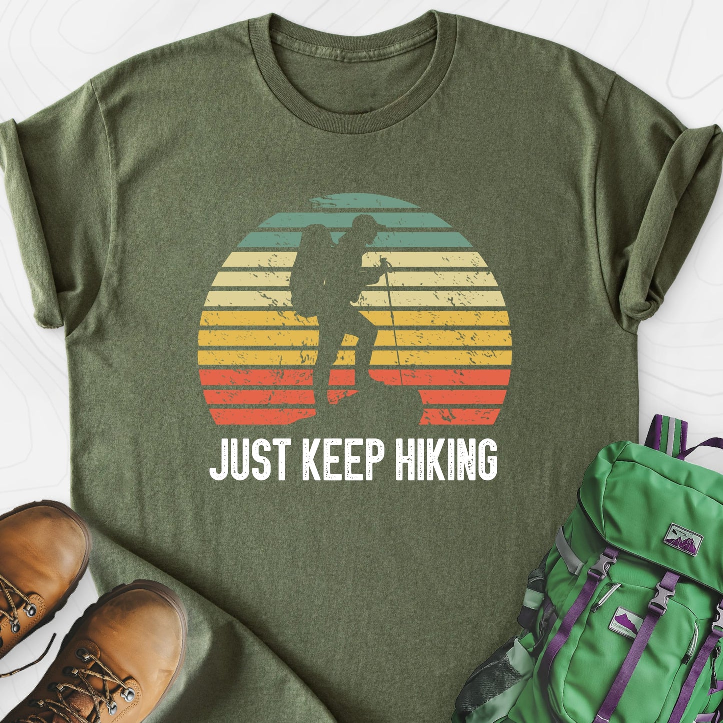Just Keep Hiking Military Green front print lightweight T-shirt
