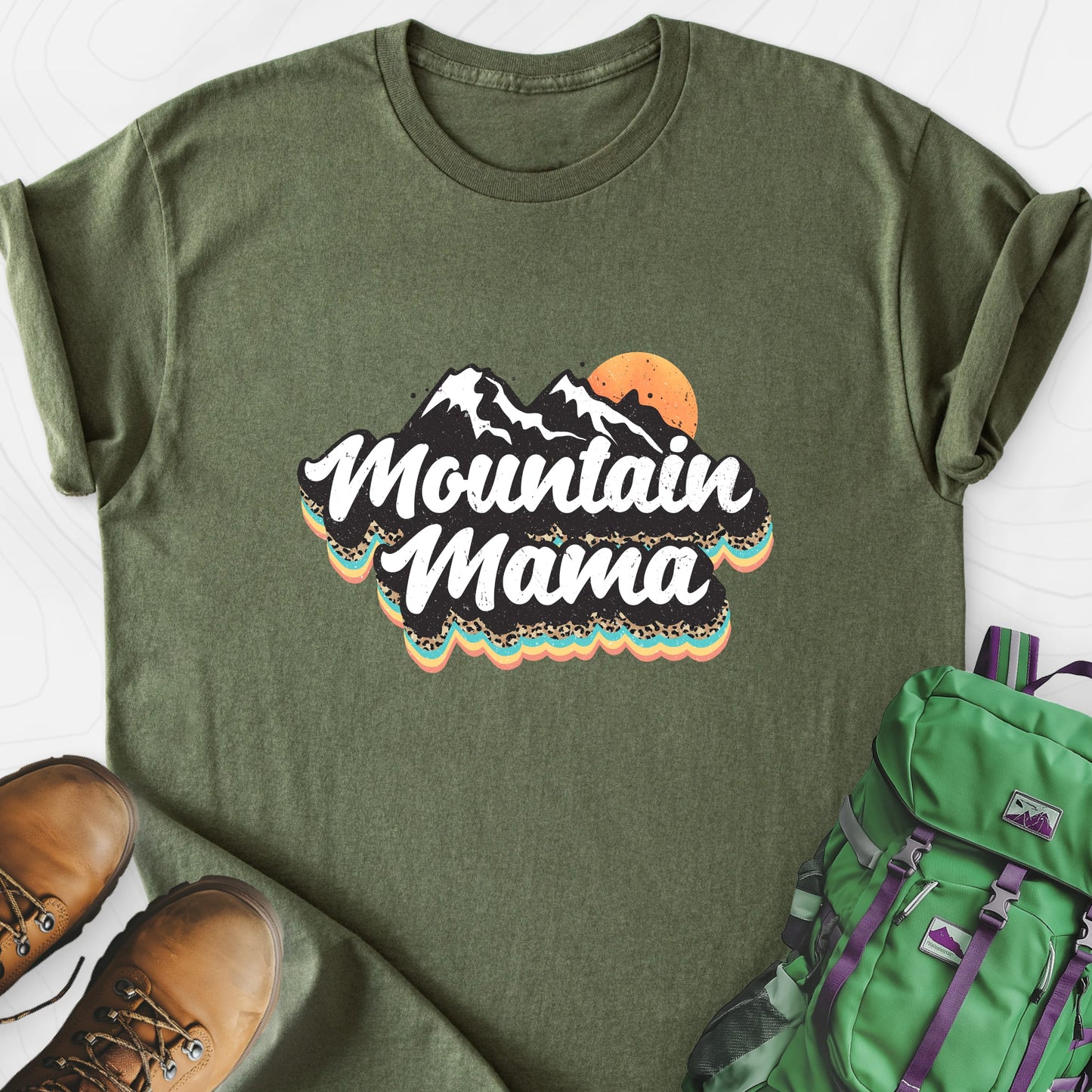 Mountain Mama Adventure Military Green front print lightweight T-shirt