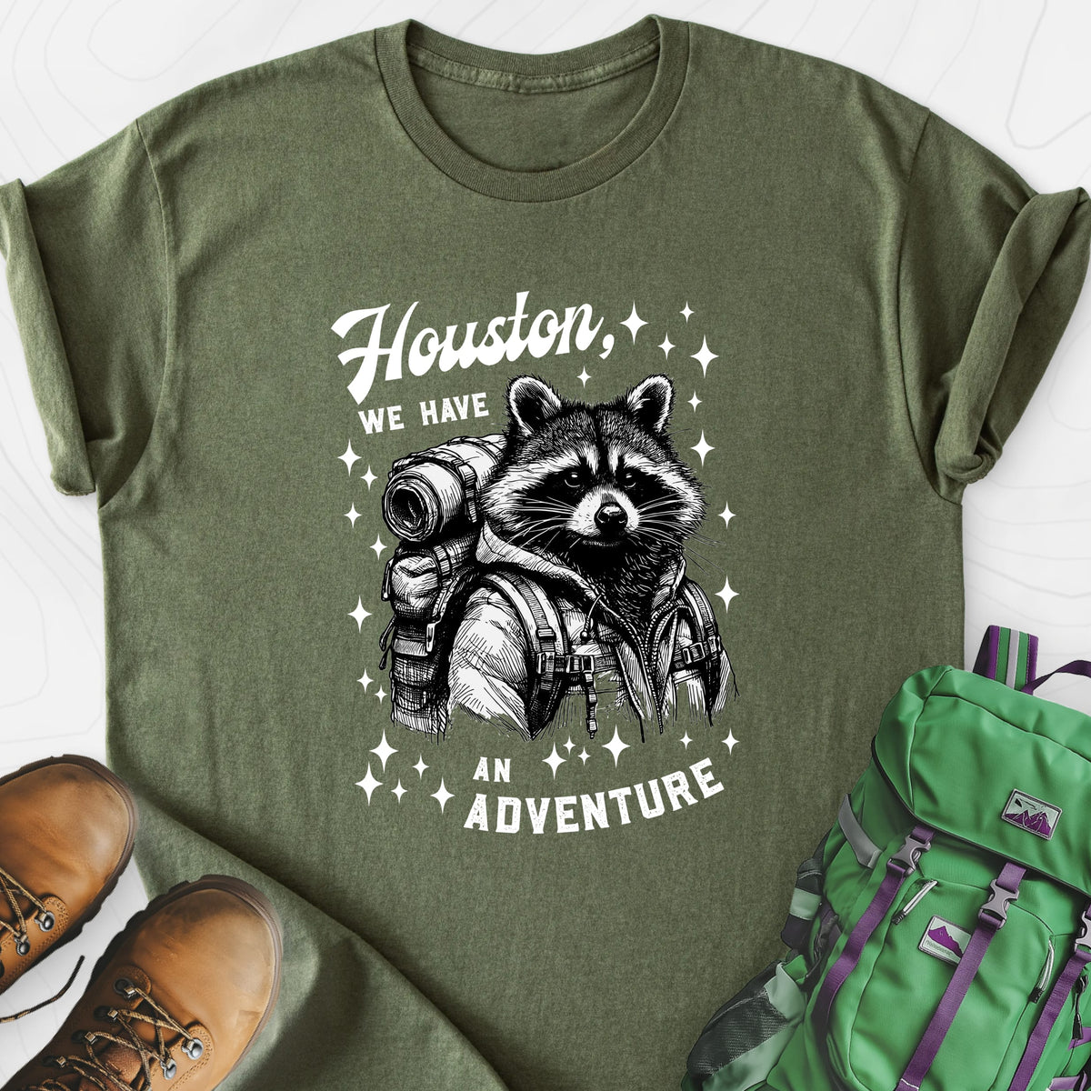 Houston We Have An Adventure Military Green front print lightweight T-shirt