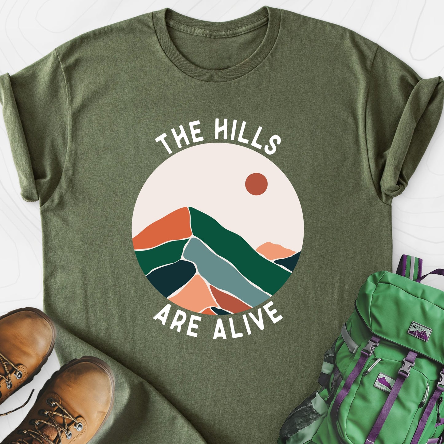 The Hills Are Alive Military Green front print lightweight T-shirt