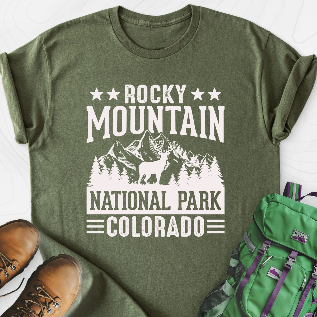 Rocky Mountain Military Green front print lightweight T-shirt