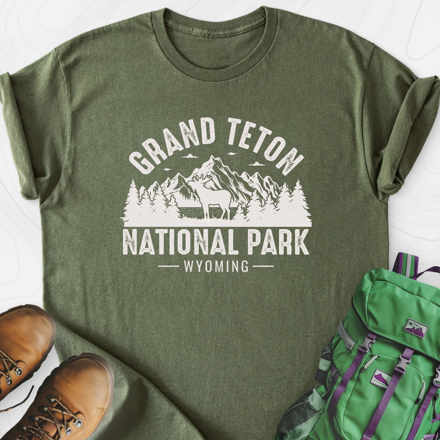 Grand Teton Wyoming Military Green front print lightweight T-shirt