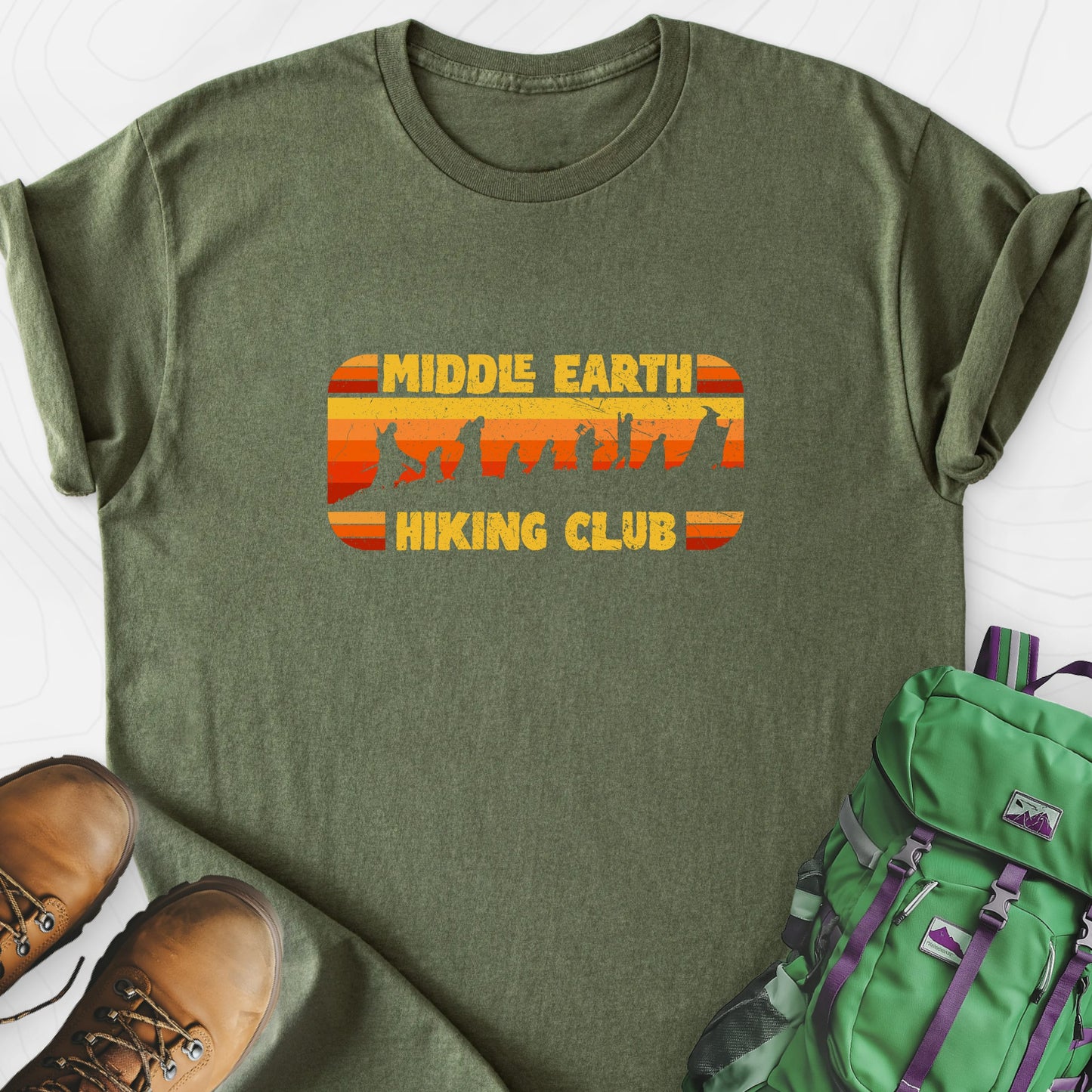 Middle Earth Hiking Club Military Green front print lightweight T-shirt