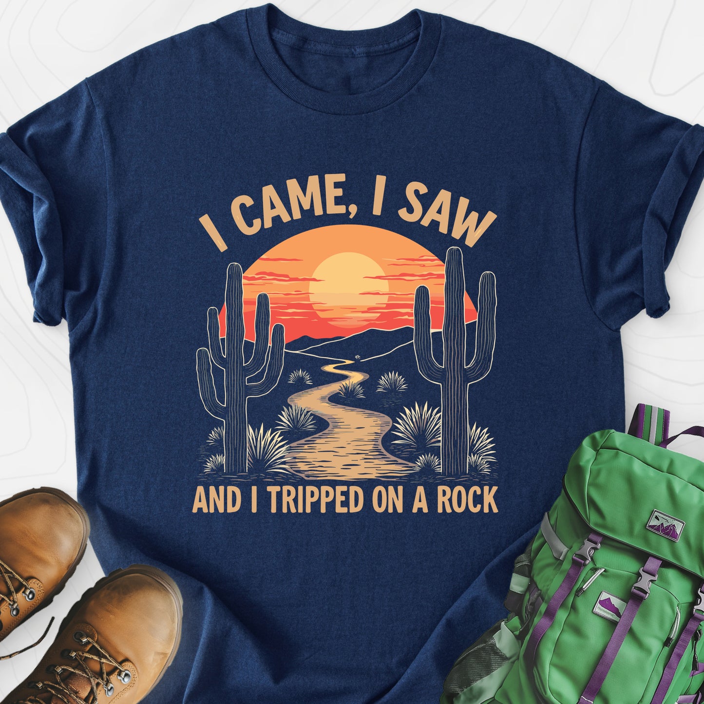 I Came, I Saw, I Tripped On A Rock Navy front print lightweight T-shirt
