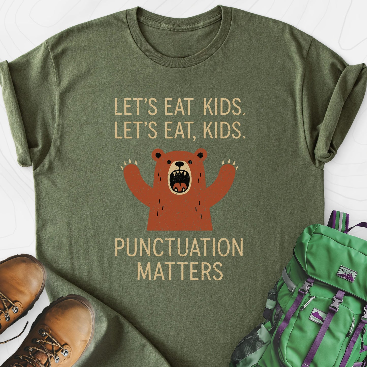 Punctuation Saves Lives Military Green front print lightweight T-shirt