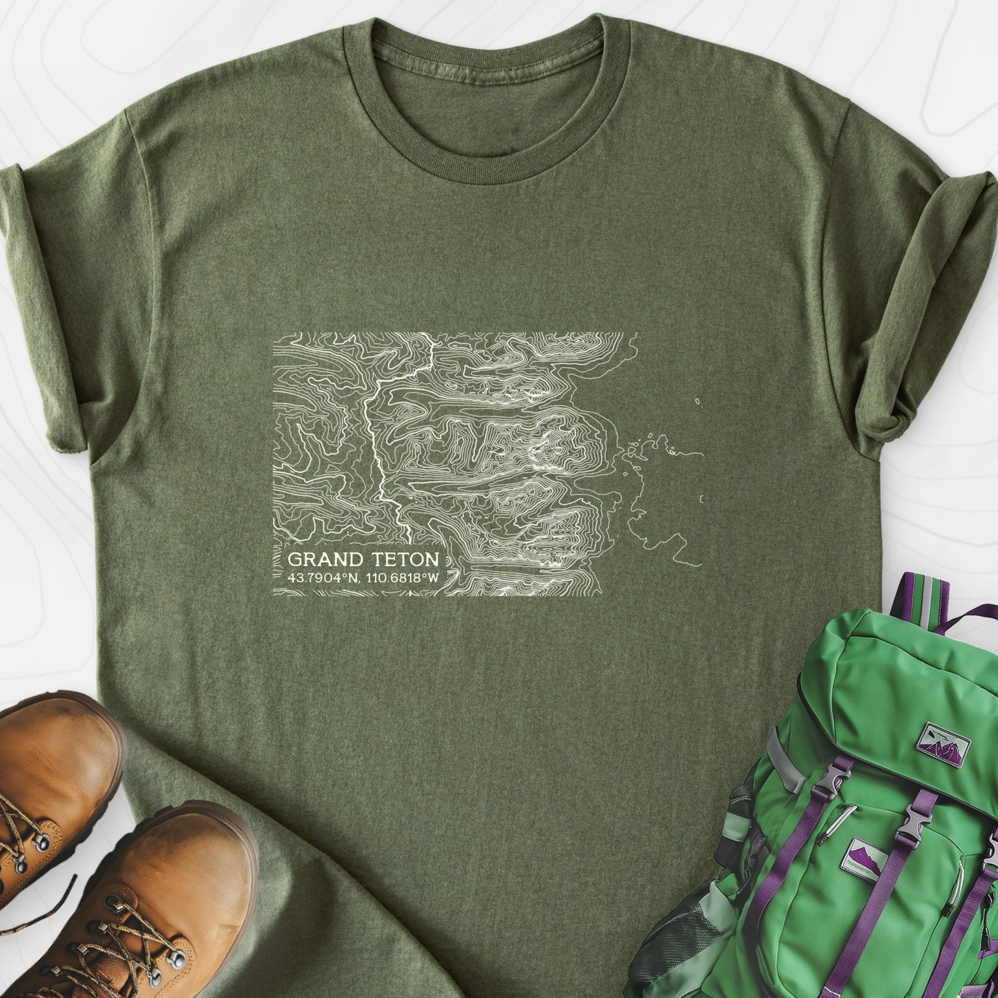 Grand Teton Topo Map Military Green front print lightweight T-shirt