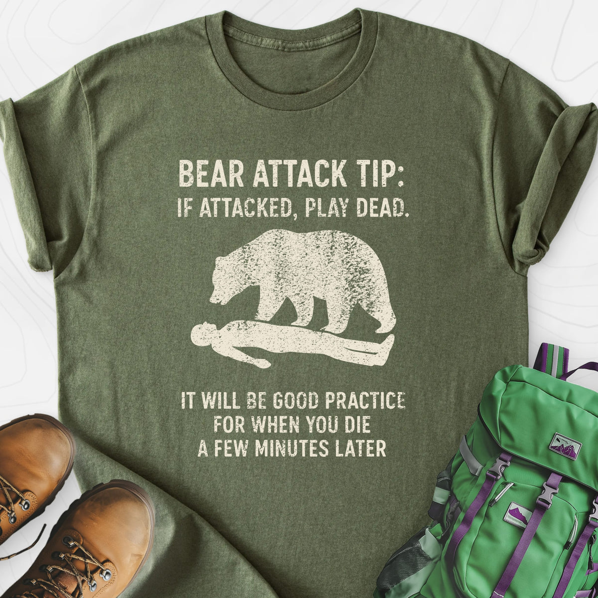 Bear Attack Tip Military Green front print lightweight T-shirt