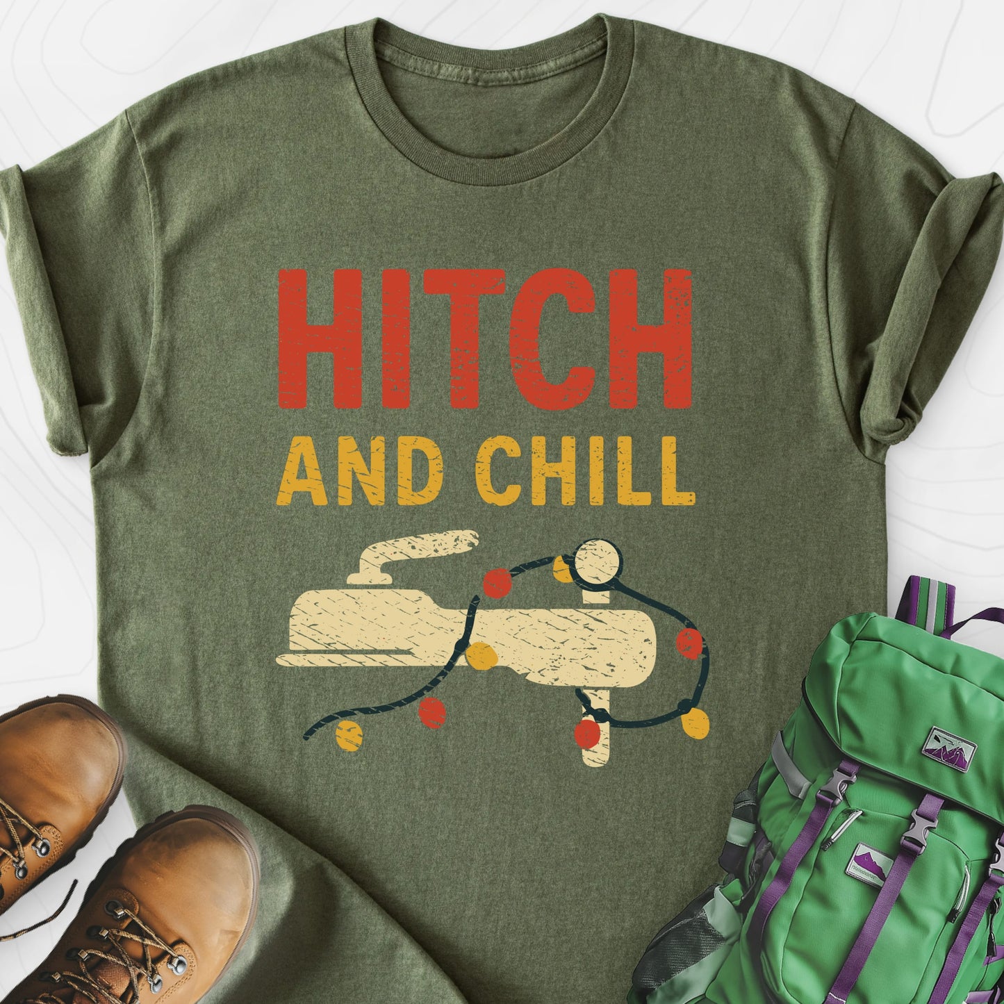 Hitch and Chill Military Green front print lightweight T-shirt
