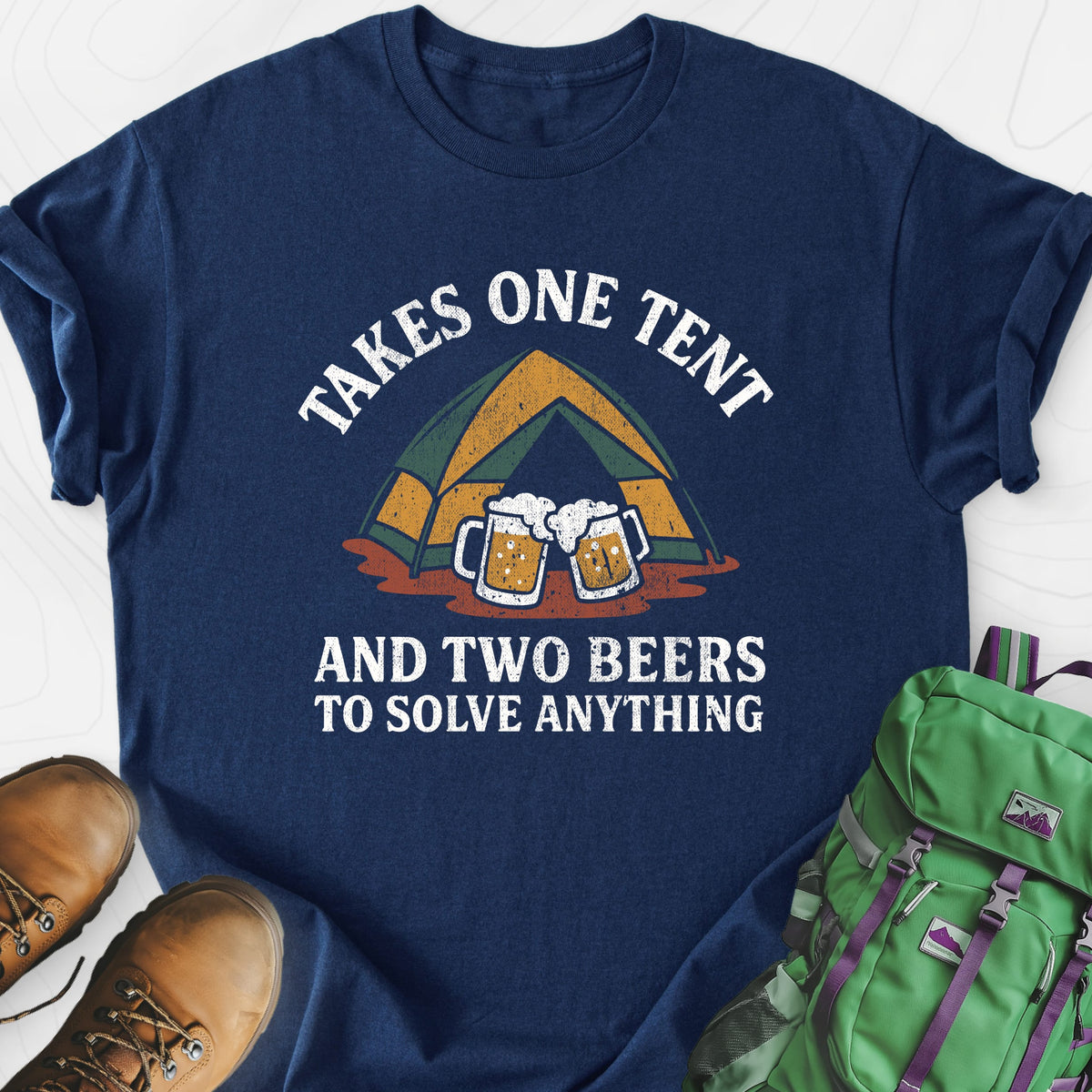 One Tent, Two Beers Navy front print lightweight T-shirt