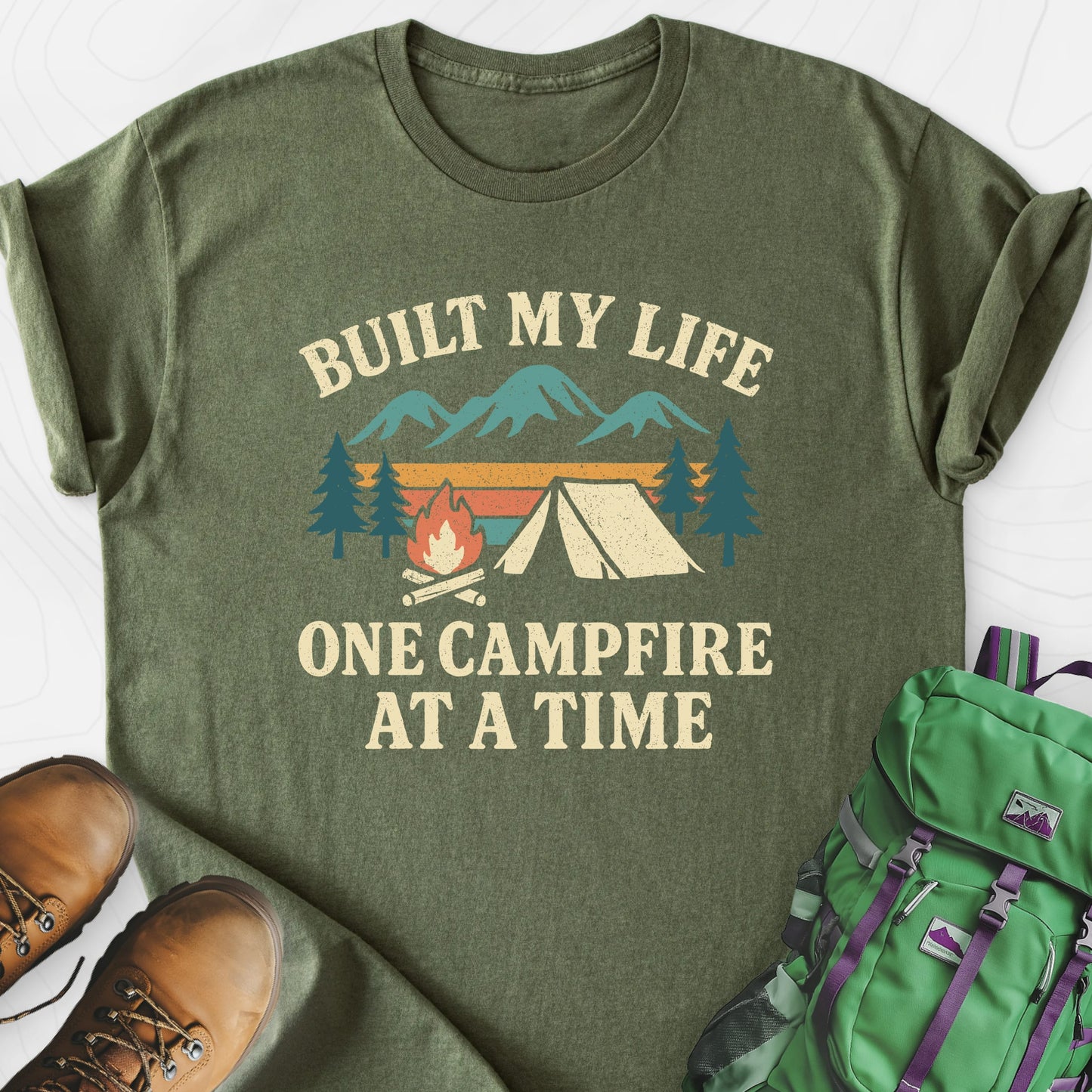 One Campfire at a Time Military Green front print lightweight T-shirt