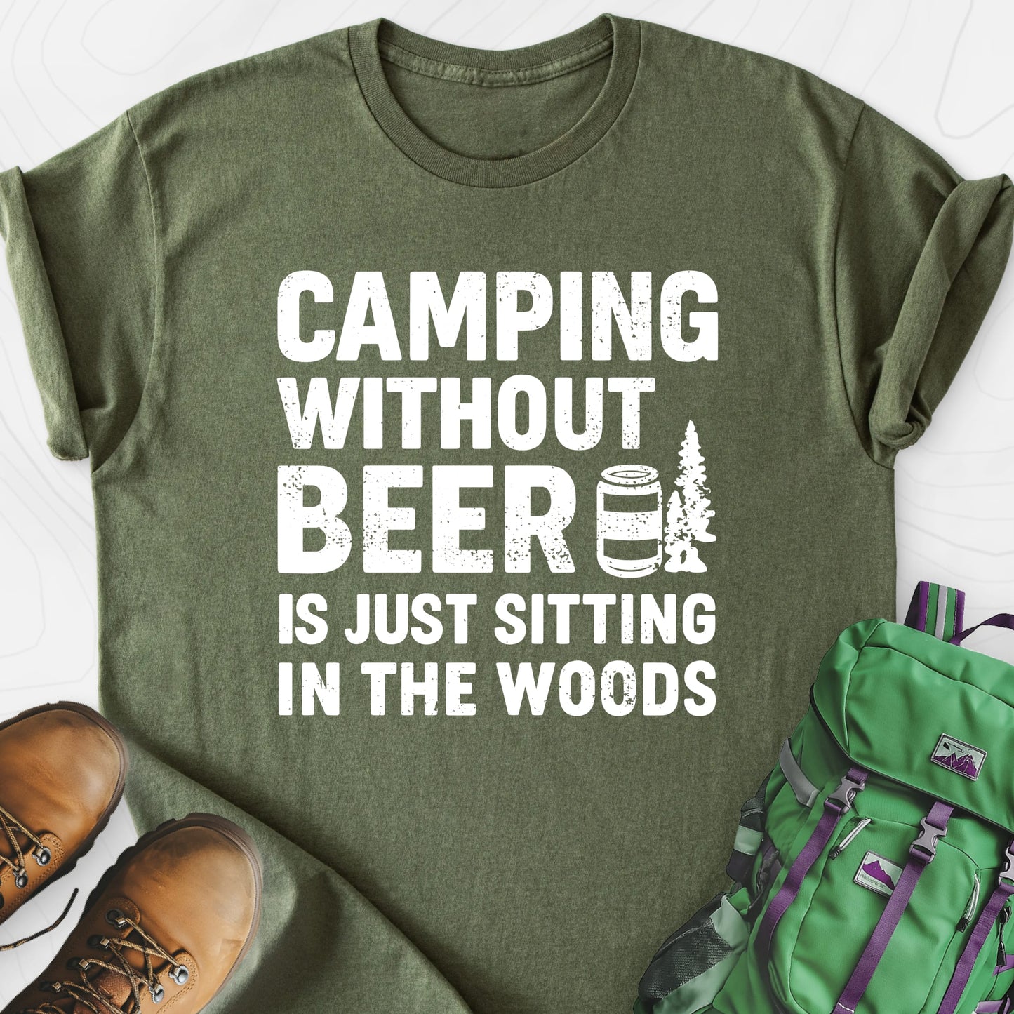 Camping Without Beer Military Green front print lightweight T-shirt