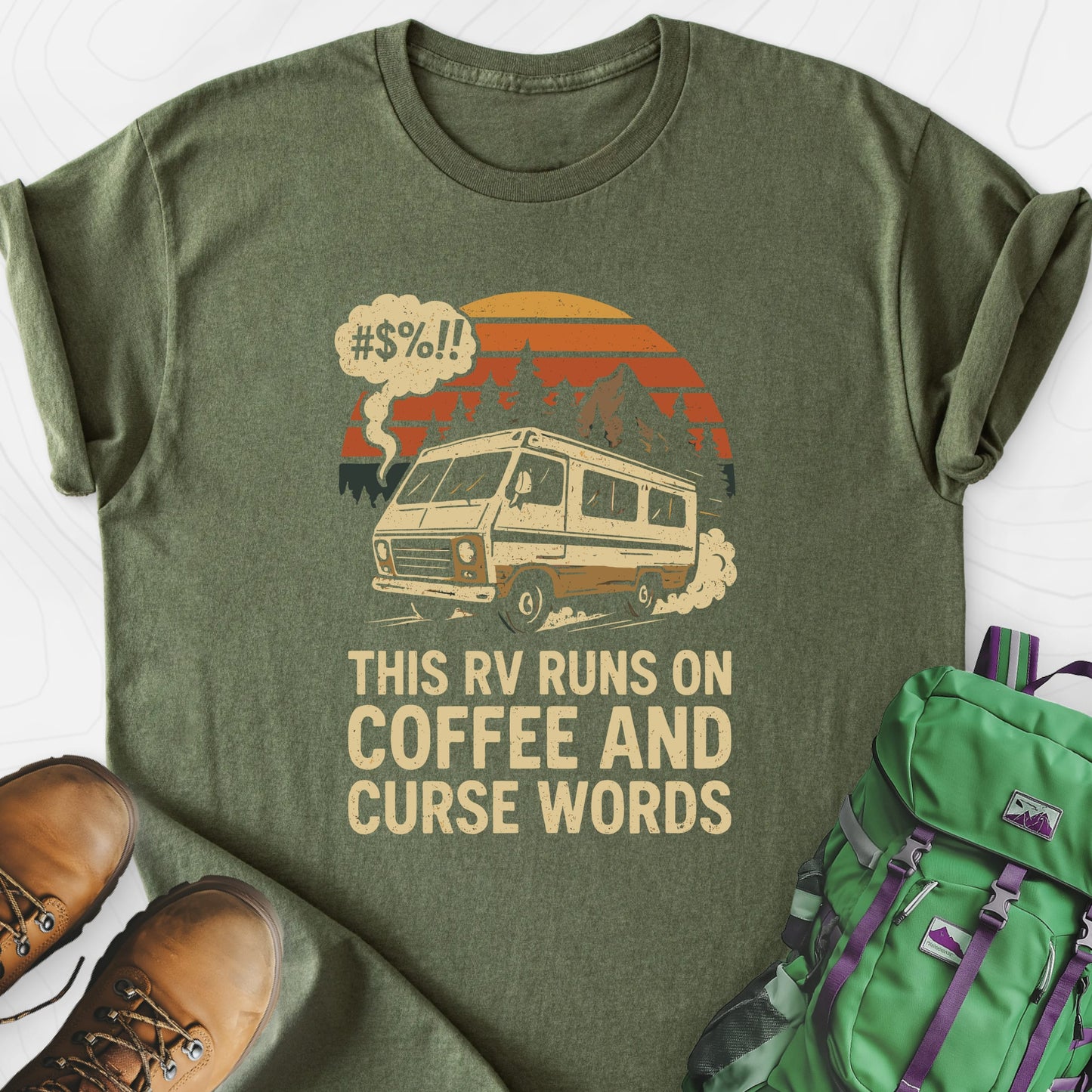 Fueled by Coffee & Curse Words Military Green front print lightweight T-shirt