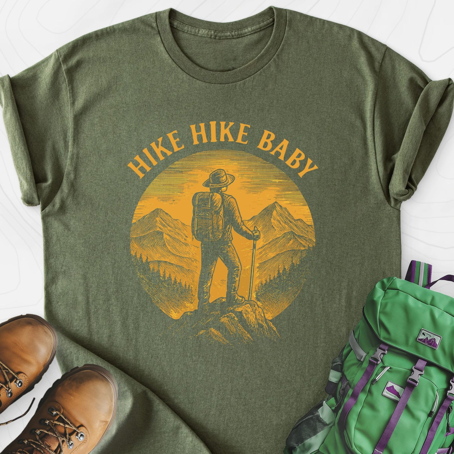Hike Hike Baby Military Green front print lightweight T-shirt