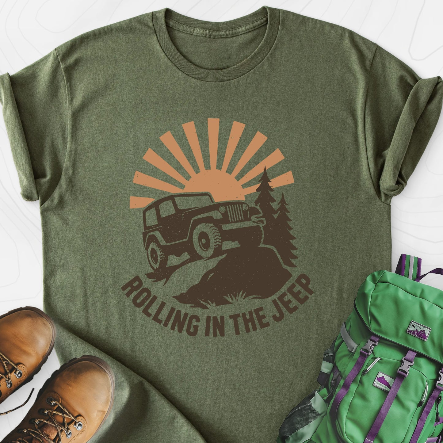 Rolling in the Jeep Military Green front print lightweight T-shirt