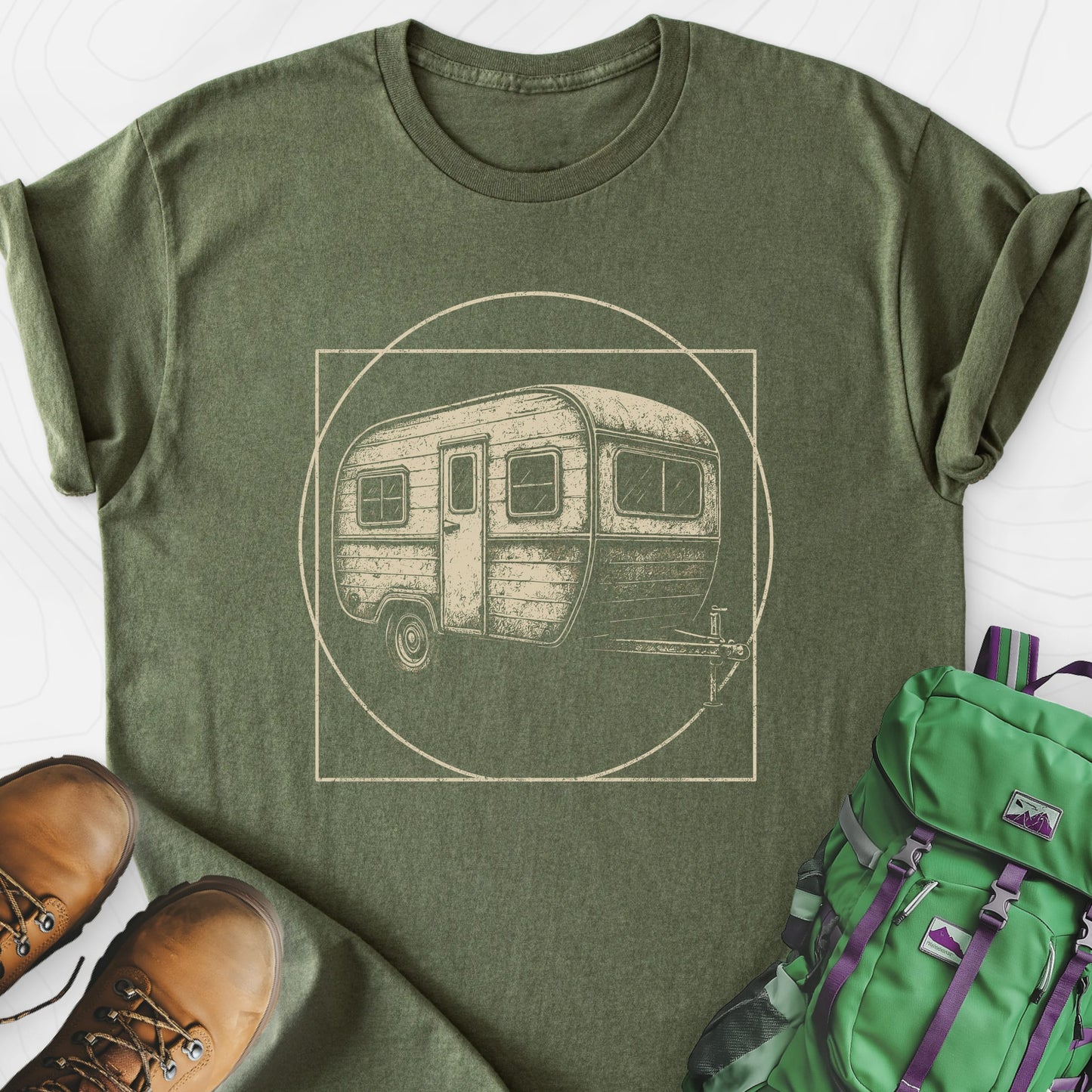 Vintage Camper Sketch Military Green front print lightweight T-shirt