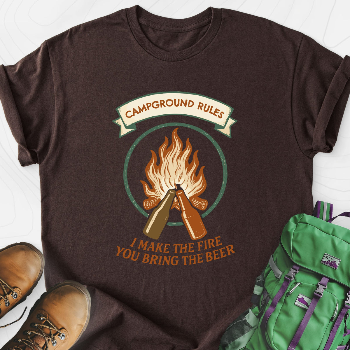 Campground Rules Dark Chocolate front print lightweight T-shirt