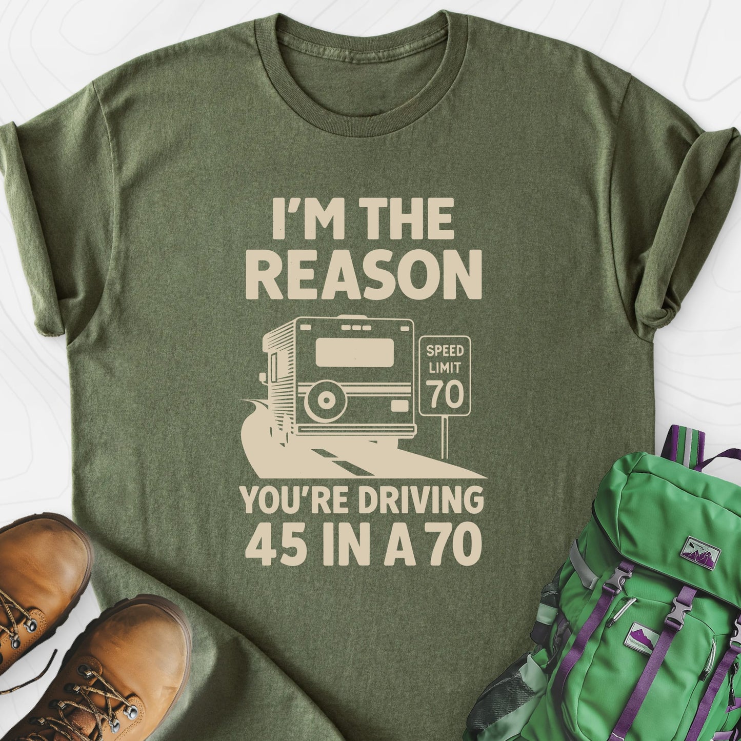 Driving 45 in a 70 Military Green front print lightweight T-shirt