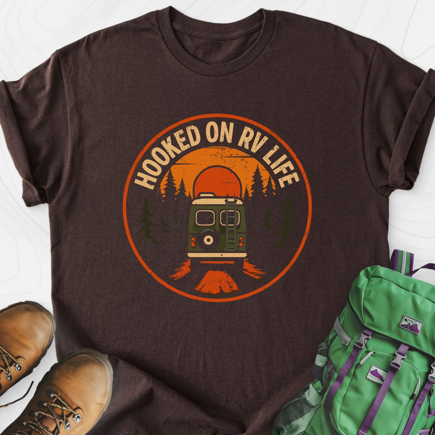 Hooked on RV Life Dark Chocolate front print lightweight T-shirt