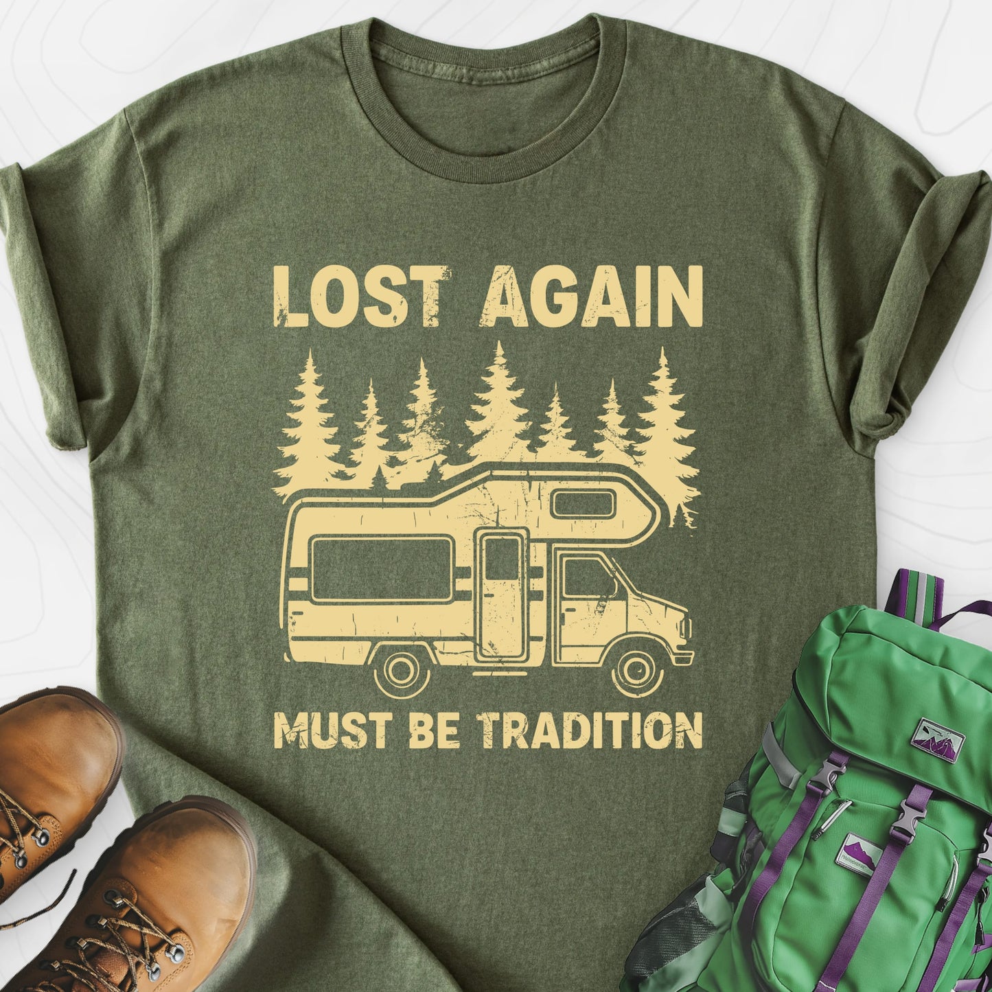 Lost Again Military Green front print lightweight T-shirt