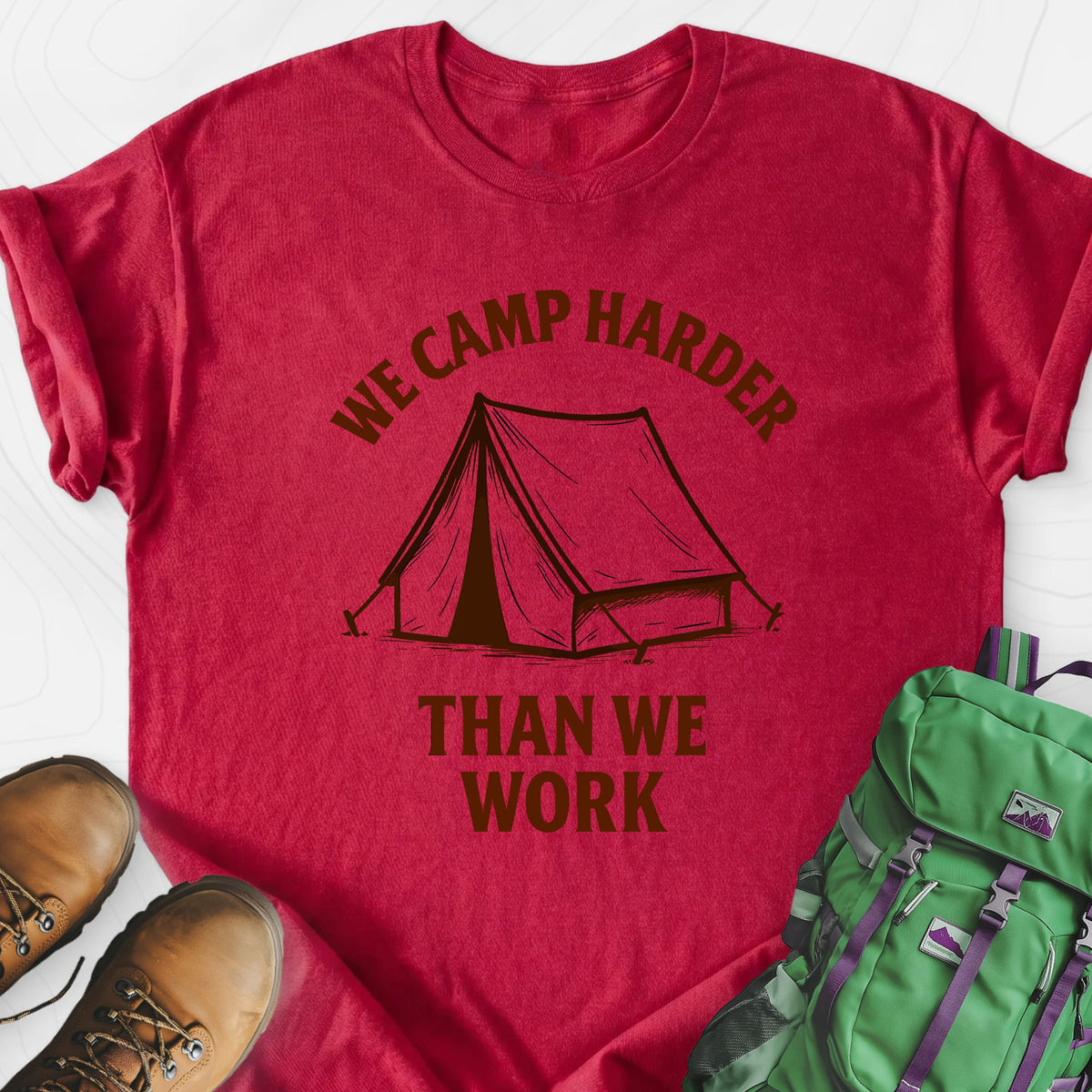 We Camp Harder Heather Red front print lightweight T-shirt