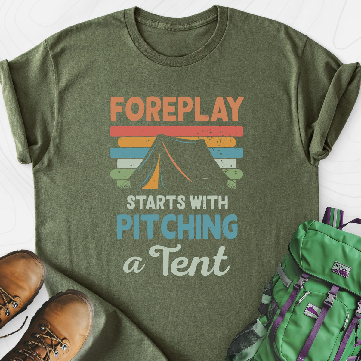 Pitching a Tent Military Green front print lightweight T-shirt
