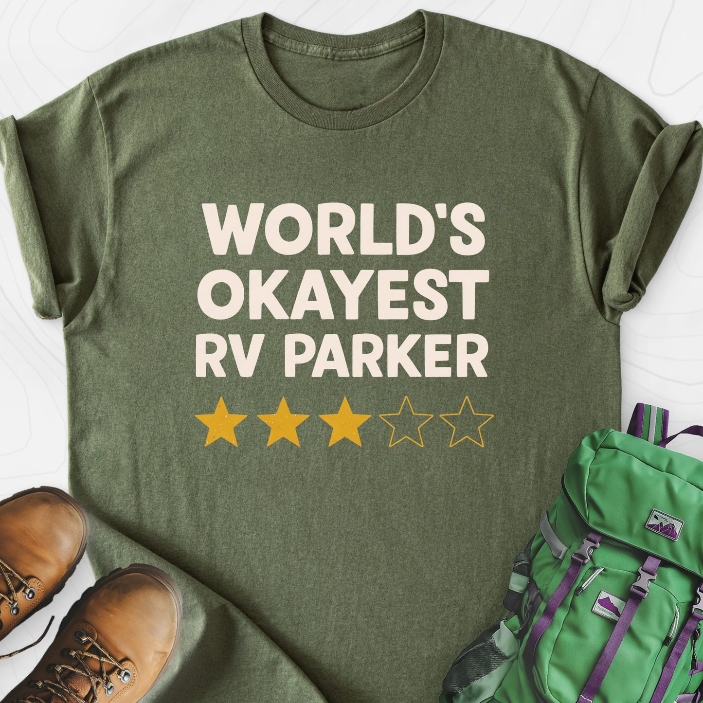 World’s Okayest RV Parker Military Green front print lightweight T-shirt