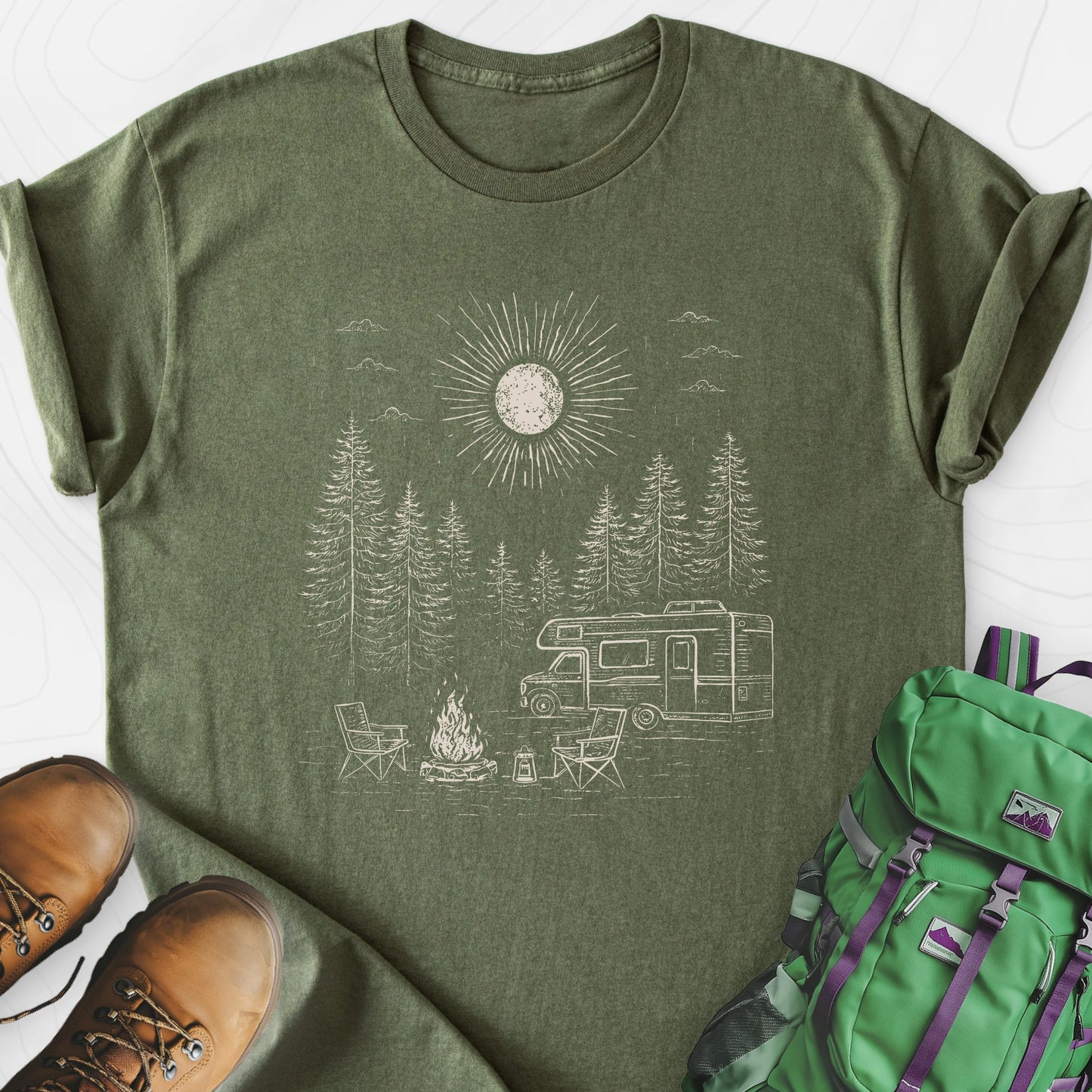 Midnight Campfire Escape Military Green front print lightweight T-shirt