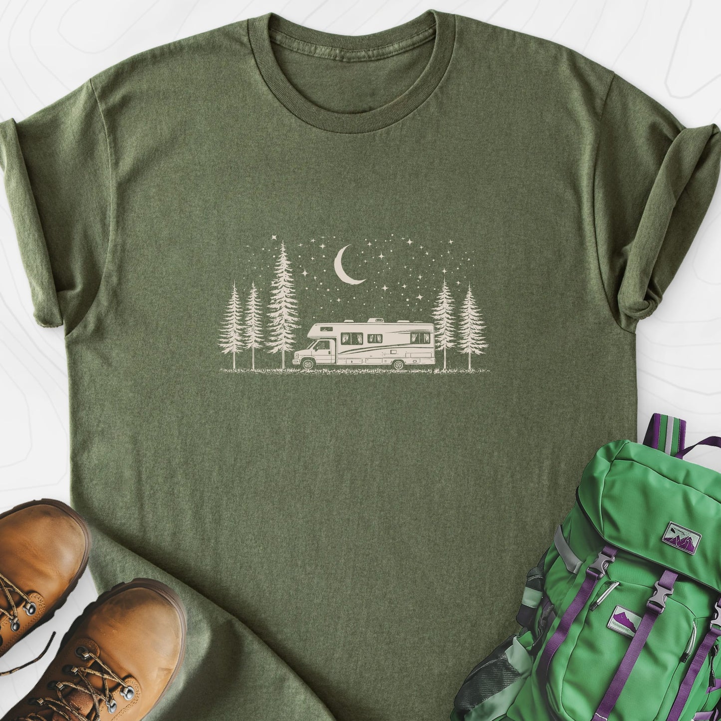 Moonlit RV Nights Military Green front print lightweight T-shirt