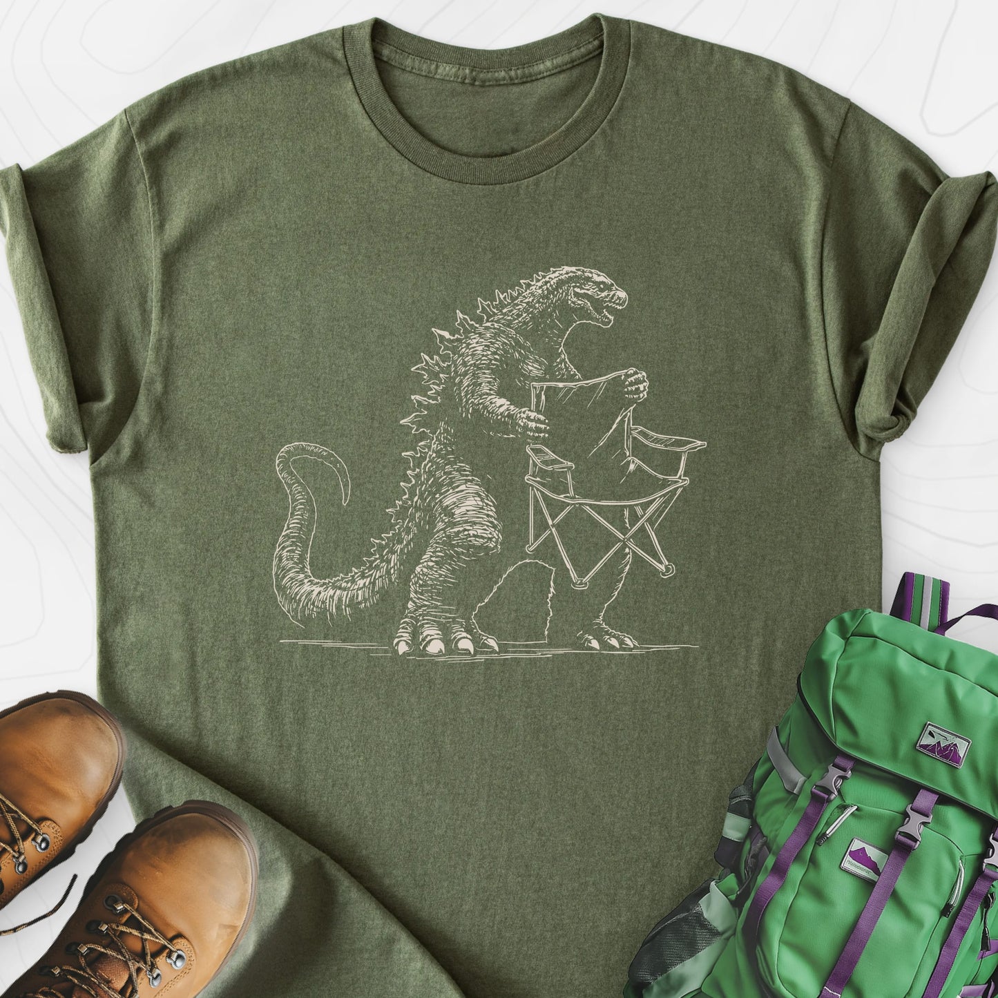 Camping Chair Thief Military Green front print lightweight T-shirt