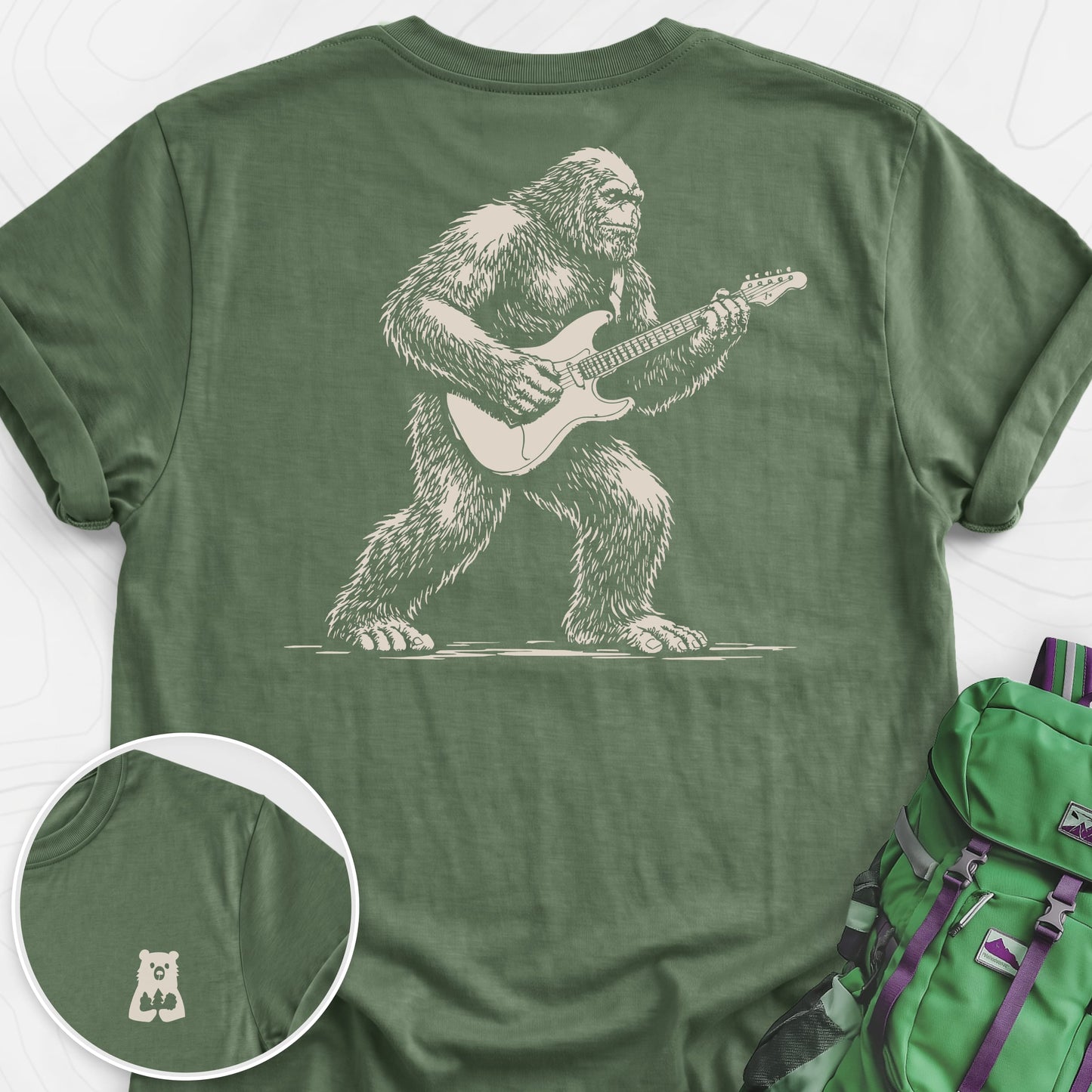 Bigfoot Guitar Solo Military Green back print lightweight T-shirt