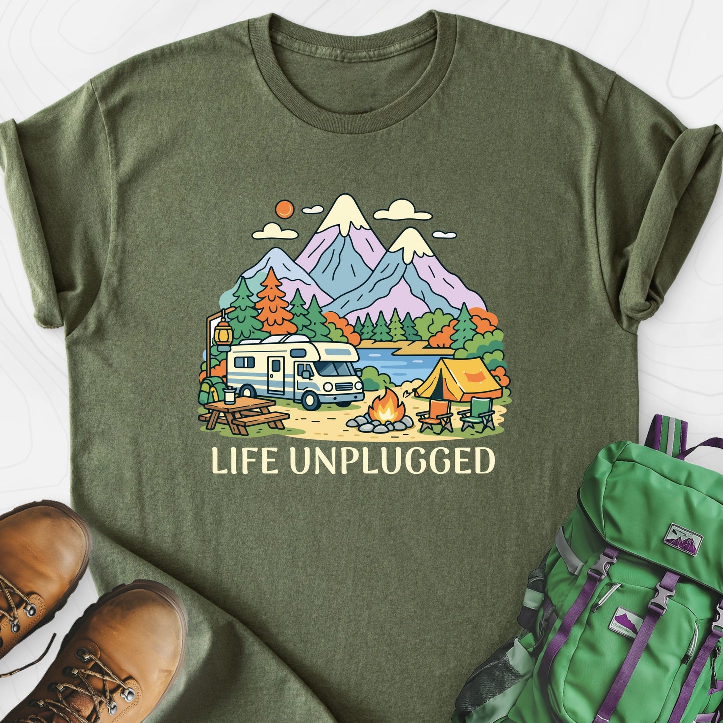Life Unplugged Military Green front print lightweight T-shirt