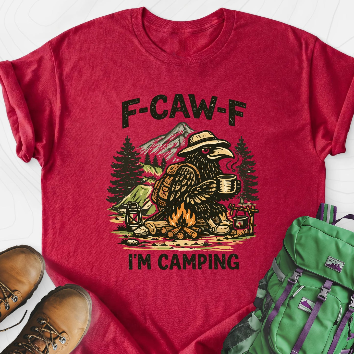 F-Caw-F I’m Camping Heather Red front print lightweight T-shirt