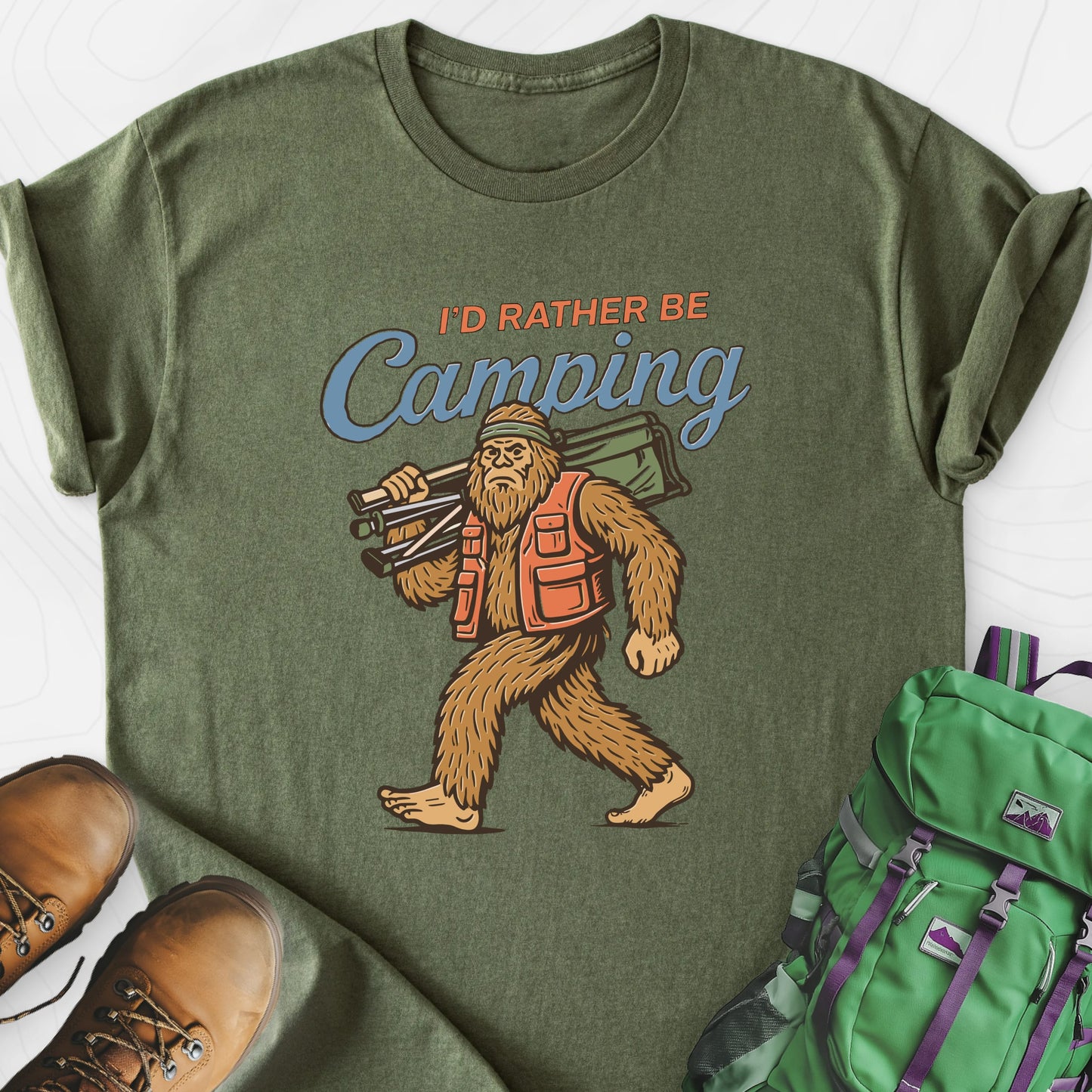 I’d Rather Be Camping Military Green front print lightweight T-shirt