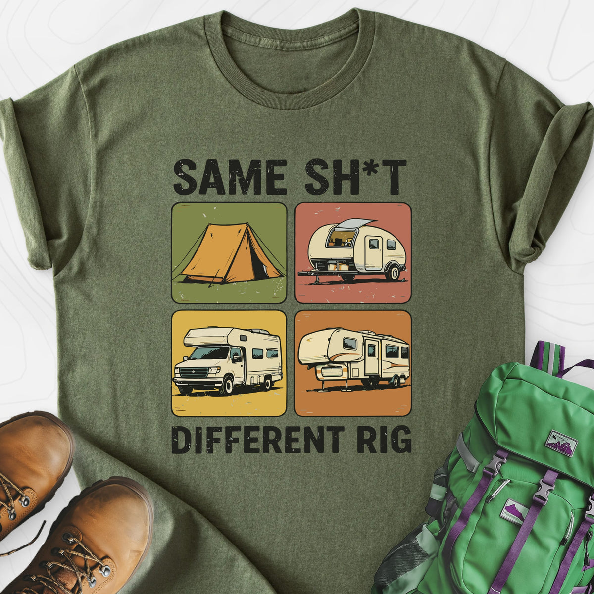 Same Sh*t, Different Rig Military Green front print lightweight T-shirt
