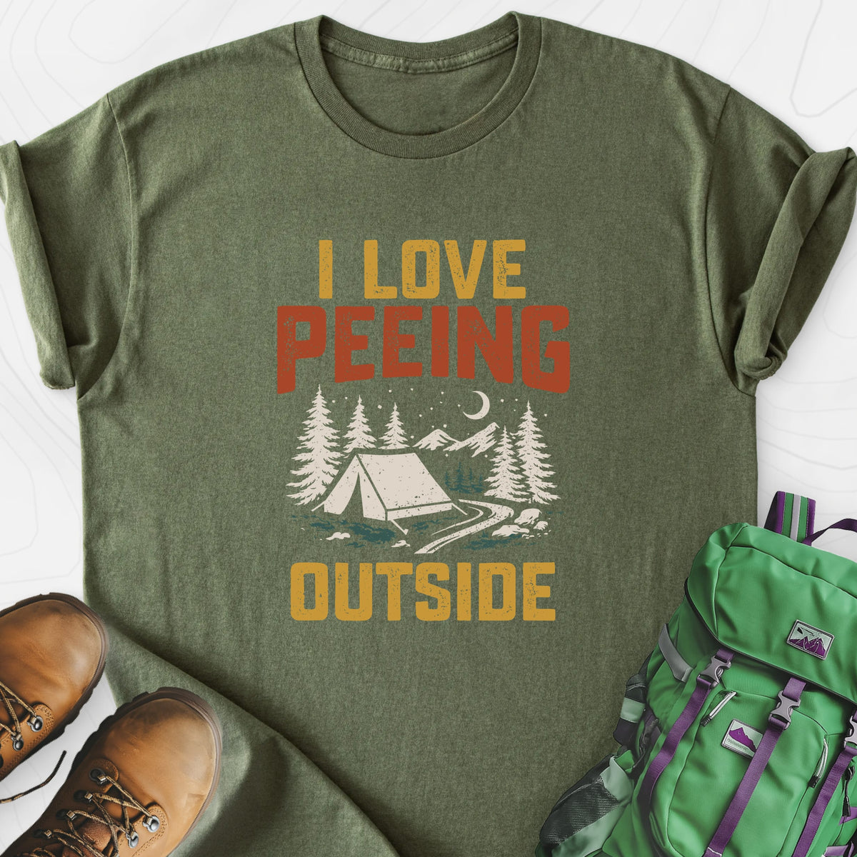 Peeing Outside Military Green front print lightweight T-shirt