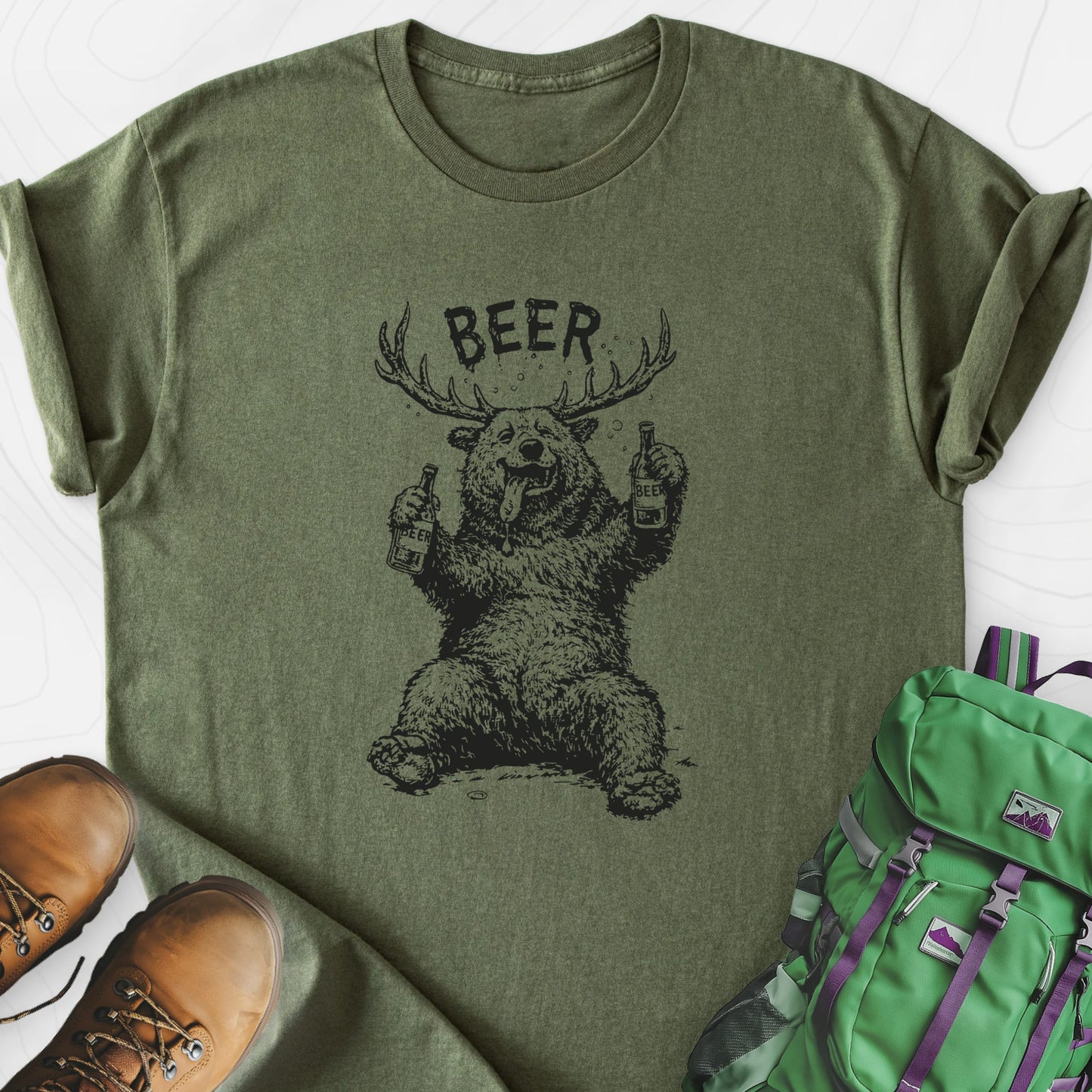 Drunk Bear Military Green front print lightweight T-shirt