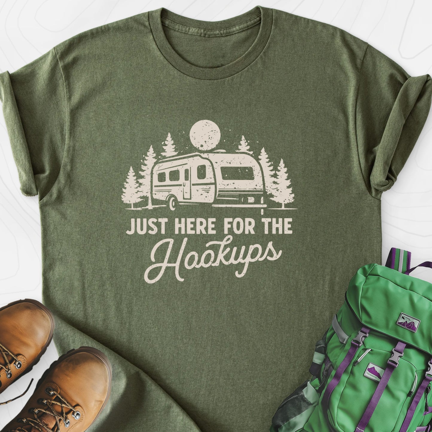 Here for the Hookups Military Green front print lightweight T-shirt