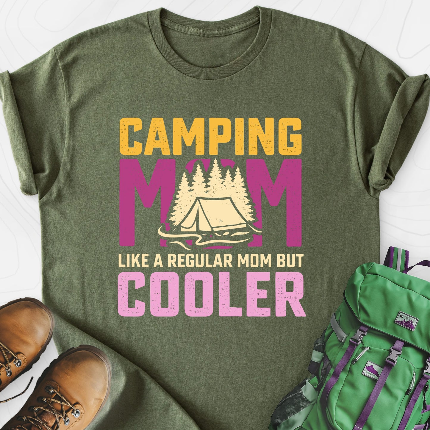 Camping Mom Military Green front print lightweight T-shirt